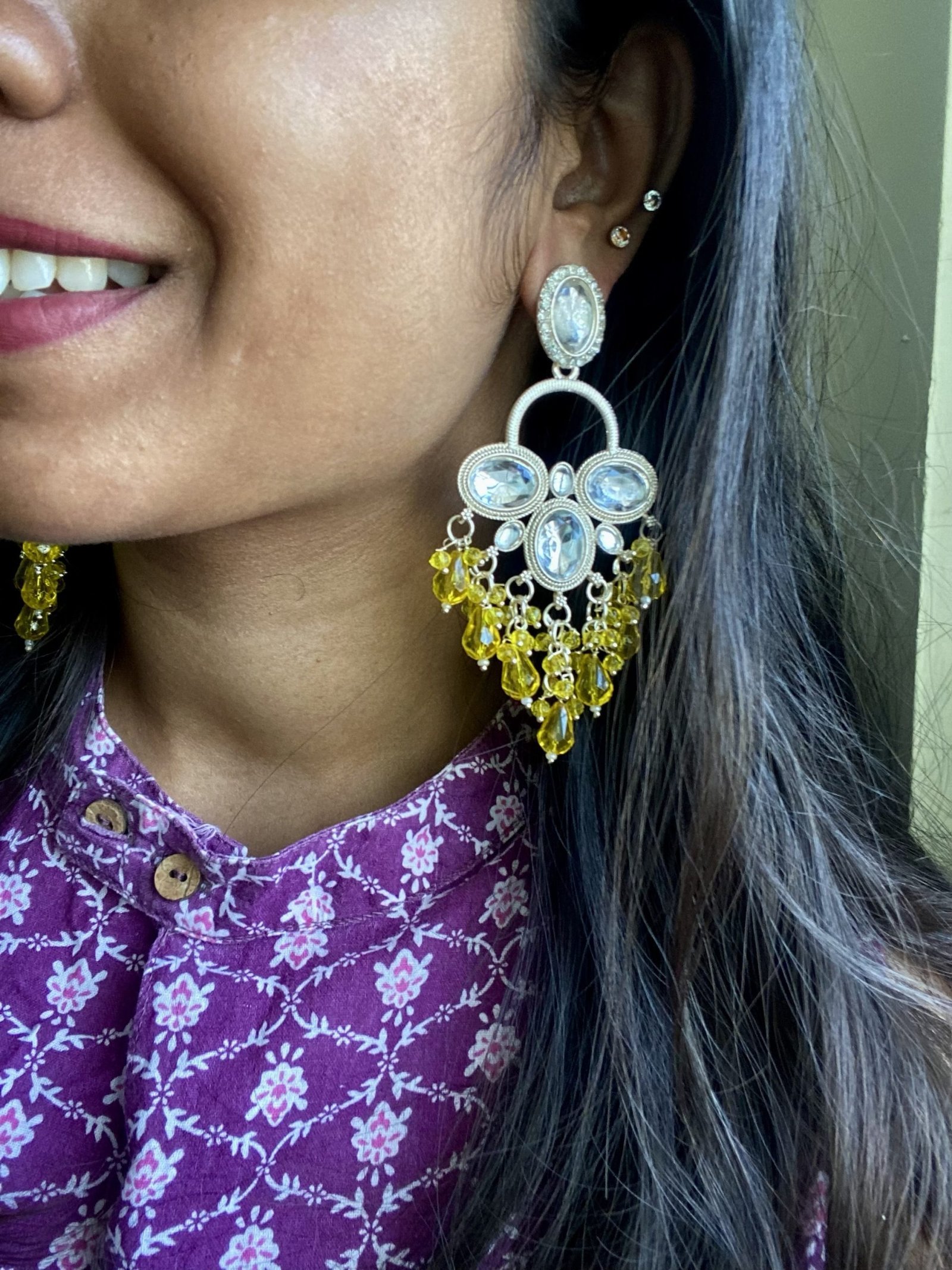 Amara - Indo western Elegant Silver & Yellow Crystal Drop Earrings
